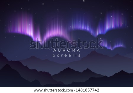 Aurora borealis vector illustration. Northern night starry sky backgroung with mountains silhouette
