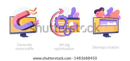 Website promotion services icons set. Search engine optimization business. Generate more traffic, alt tag optimization, sitemap creation metaphors. Vector isolated concept metaphor illustrations.