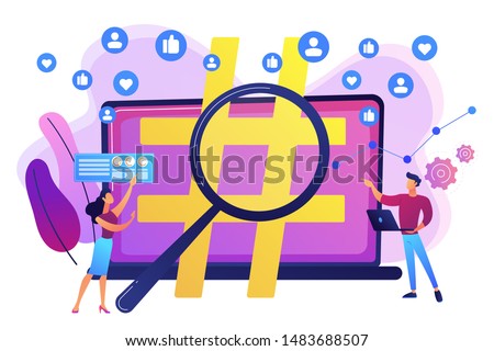 Viral marketing, trends analysis, modern advertising business. Social network monitoring, social media measurement, social listening concept. Bright vibrant violet vector isolated illustration