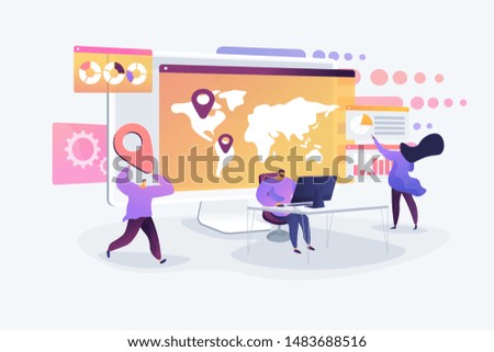 Global business research, international company extension strategy. Social media dashboard, online marketing interface, social media metrics concept. Vector isolated concept creative illustration