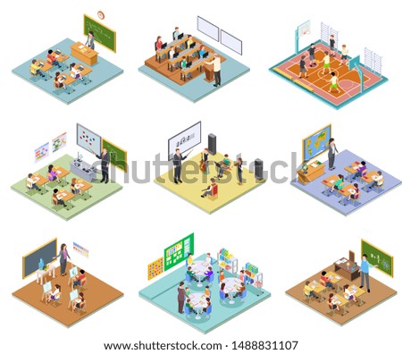 School rooms isometric. Library dining room lecture classroom gym sports hall toilet college university interior furniture 3d vector