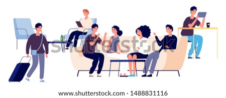 Hostel concept. Vector flat people characters. Hostel lounge illustration with happy men and women