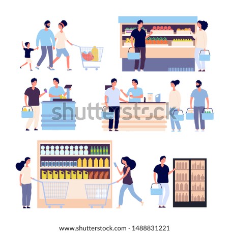 People in grocery store. Persons buying food in supermarket, shop customers woman, man with shopping cart. Isolated cartoon characters