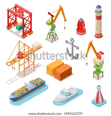 Isometric ships. Sea transport maritime terminal shipping logistics port seaport crane ship shipping nautical barge 3d vector set