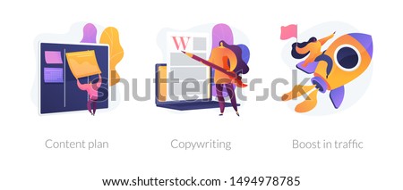 Internet website promotion, SEO strategy icons set. Audience increase, business solutions. Content plan, copywriting, boost in traffic metaphors. Vector isolated concept metaphor illustrations