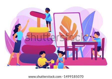 Day care center, kindergarten pupils and tutor. Primary education. Nursery school, high quality preschool program, private nursery near you concept. Bright vibrant violet vector isolated illustration