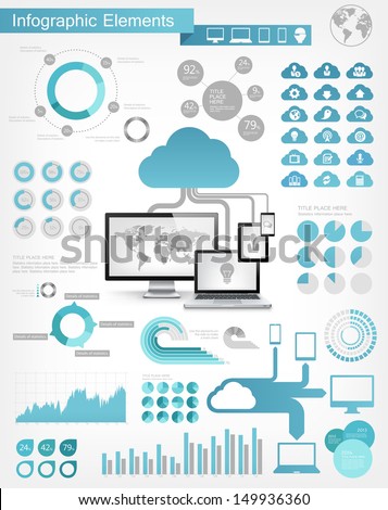 Vector flat design infographic elements collection. Cloud connected to devices vector illustration with various of infographic elements as charts, diagrams and infographic map for data visualization.