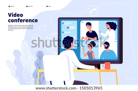 Video conference landing. People on computer screen taking with colleague. Videoconferencing and online meeting workspace vector page