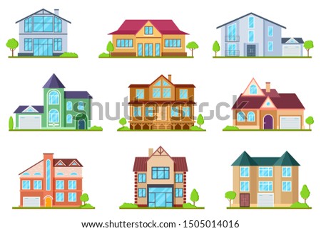 Flat cottages. Modern cottage houses suburban property. Buildings design for app interface. Architectural home exterior vector set