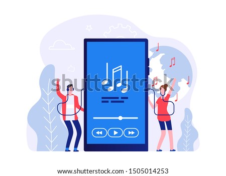 Mobile music concept. People listen songs online vector illustration. Music application, entertainment, audio playlist