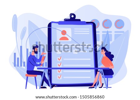 Employer meeting job applicant at pre-employment assessment. Employee evaluation, assessment form and report, performance review concept. Living coral blue vector isolated illustration