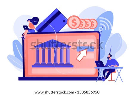 Tiny people with laptop and financial digital transformation. Open banking platform, online banking system, finance digital transformation concept. Living coral bluevector isolated illustration