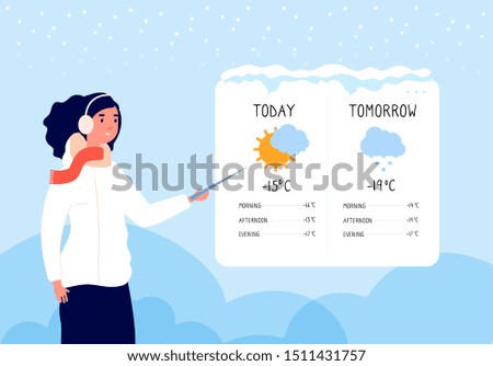 Winter weather forecast. Woman forecasting sunny and snowy day in tv news vector concept