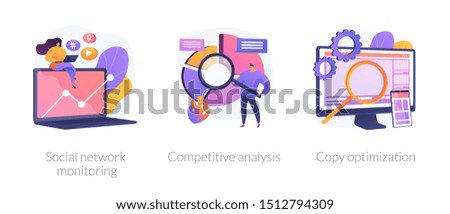 Internet advertisement analytics icons set. SEO solutions search. Social network monitoring, competitive analysis, copy optimization metaphors. Vector isolated concept metaphor illustrations.