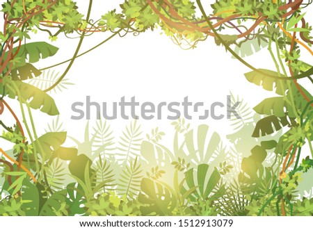 Jungle tropical background. Rainforest with tropic leaves and liana vines. Nature landscape with tropical trees. illustration