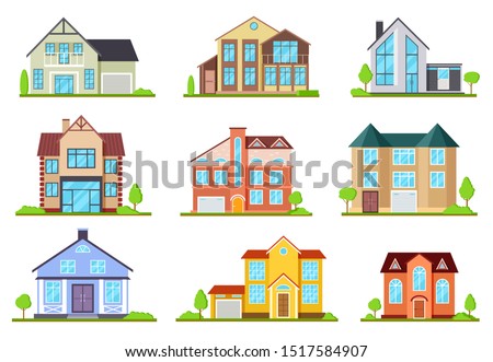Suburban houses. Family house, village cottage. Outdoor architectural elements, modern buildings exterior. Flat vector set