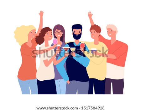 Drinking friends. Group of funny guys clink glasses with alcohol drinks and make toast. Christmas celebration vector flat concept