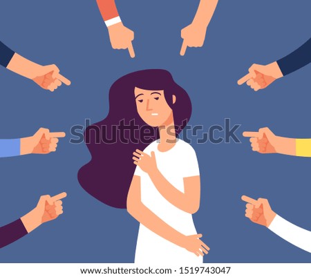 Victim women. Depressed girl in shame and hands with pointing finger. Guilty, ashamed female and blame in society concept