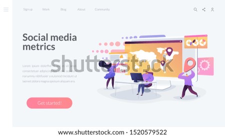 Global business research, international company extension strategy. Social media dashboard, online marketing interface, social media metrics concept. Website homepage header landing web page template.