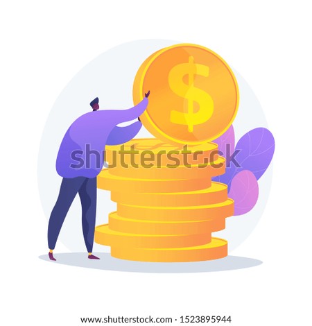 Finances management. Budget assessment, financial literacy, accounting idea. Financier with cash, economist holding golden coin cartoon character. Vector isolated concept metaphor illustration