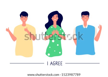 People with positive gestures. Smiling men and woman with positive emotion show okay and like gesture. Consent and approval vector set