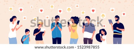 People chatting online. Adult and kids with gadgets in social media always adding followers. Internet addiction vector concept