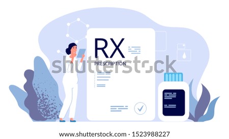 RX prescription. Pharmacist illustration, painkiller medication prescription. Vector pharmeceutical industry, therapy drugs