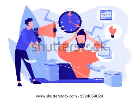 Exhausted, frustrated worker, burnout. Boss shout at employee, deadline. How to relieve stress, acute stress disorder, work related stress concept. Pinkish coral bluevector isolated illustration