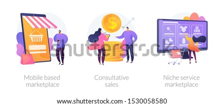 Retail business cartoon icons set. Online shop smartphone app. Mobile based marketplace, consultative sales, niche service marketplace metaphors. Vector isolated concept metaphor illustrations