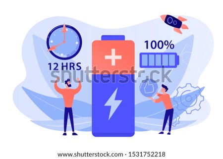 Users and battery performance and longevity with charge indicator and time. Battery runtime, extend runtime technology, long battery life concept. Pinkish coral bluevector isolated illustration