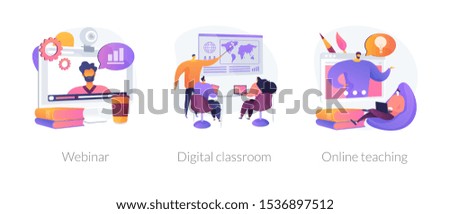 Educational web seminar, internet classes, professional personal teacher service icons set. Webinar, digital classroom, online teaching metaphors. Vector isolated concept metaphor illustrations