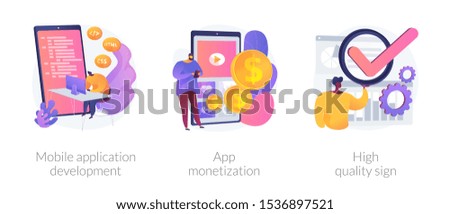 Smartphone software, profit receiving, successful rating icons set. Mobile application development, app monetization, high quality sign metaphors. Vector isolated concept metaphor illustrations