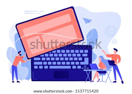 Tiny business people work at detachable computer. Detachable device technology, detachable computer, modular electronics development concept. Pinkish coral bluevector isolated illustration