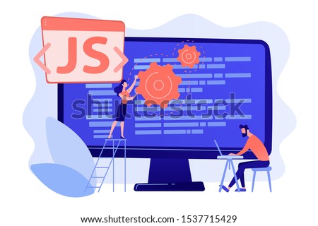 Programmers using JavaScript programming language on computer, tiny people. JavaScript language, JavaScript engine, JS web development concept. Pinkish coral bluevector isolated illustration