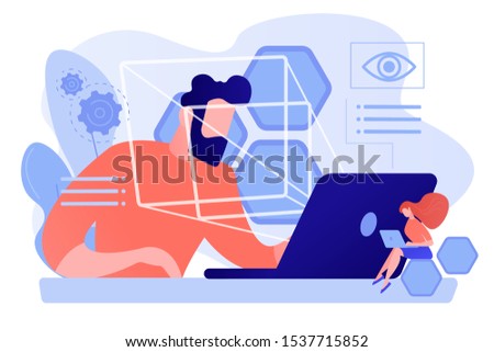 Businessman and technology measuring eye position and movement, tiny people. Eye tracking technology, gaze tracking, eye position sensor concept. Pinkish coral bluevector isolated illustration