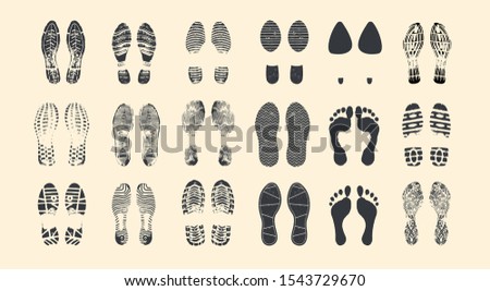 Footprint silhouettes. Barefoot, sneaker and shoes steps with dirt texture. Walking boot footprints, foot imprints vector isolated set