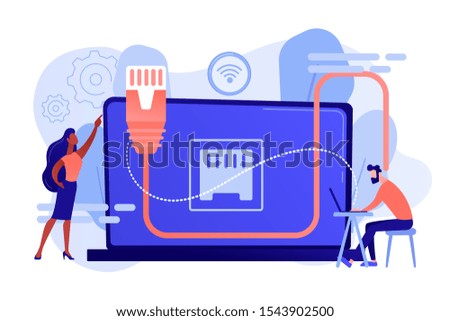 Businessman at table using laptop with ethernet connection. Ethernet connection, LAN connection technology, ethernet network system concept. Pinkish coral bluevector isolated illustration