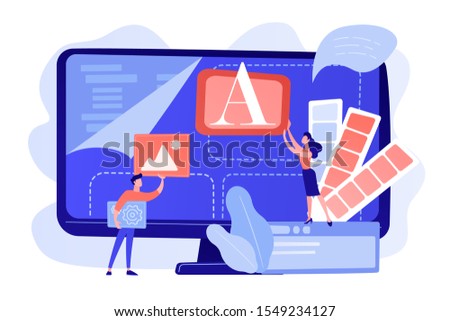 Programmers at computer using low code platform on computer, tiny people. Low code development, low code platform, LCDP easy coding concept. Pinkish coral bluevector isolated illustration