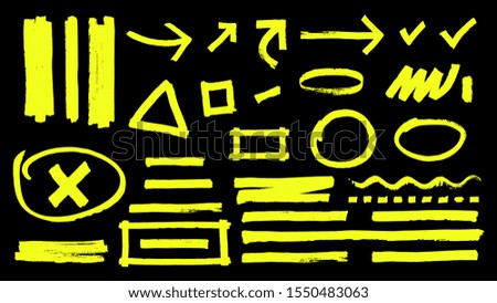 Highlighter marks. Hand drawn yellow highlight marker signs. Vector highlighter strokes arrows rounds isolated on black background