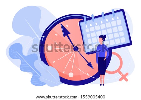 Menopause woman standing at her biological clock measuring age and calendar. Menopause, women climacteric, hormone replacement therapy concept. Pinkish coral bluevector vector isolated illustration