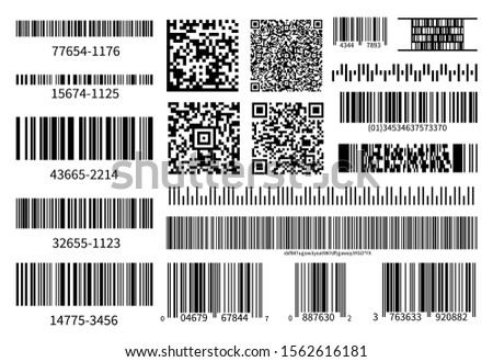 Barcodes collection. Vector code information, QR, store scan codes. Industrial coding information