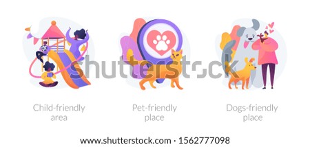 Urban environments flat icons set. Kids playground, domestic animals park. Child-friendly area, pet-friendly place, dogs-friendly place metaphors. Vector isolated concept metaphor illustrations.