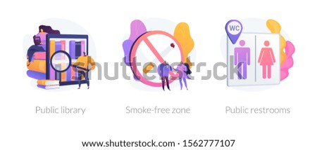 Urban places flat icons set. City recreation, people in bookstore. WC room sign. Public library, smoke-free zone, public restrooms metaphors. Vector isolated concept metaphor illustrations.