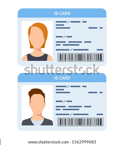 Id card. Women and men plastic identification cards, driver international license. Verify corporate document flat vector template