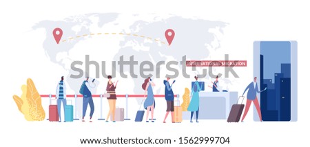 International migration concept. Immigrants queue, world map and destination points. Vector global migration, flat people with travel bags