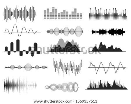 Sound waves. Music wave, audio frequency waveform. Radio voice and soundtrack symbols. Soundwave abstract signals isolated vector set