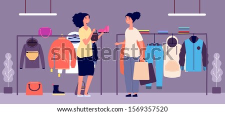Personal shopper. Shop assistant, fashion stylist vector illustration. Flat women characters. Fashion store and female buyers with shopping bags