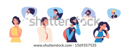 People talking phone. Men, women, teenagers calling by telephone. Flat communication and conversation with smartphone vector characters