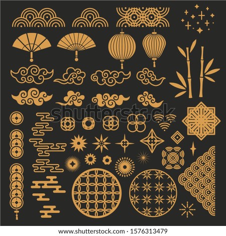 Chinese new year elements. Golden asian traditional pattern, cloud and decorative flower. Oriental lanterns, bamboo stem and fan vector set