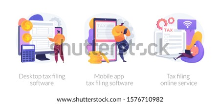 Declaration programs, easy reporting, tax website. Desktop tax filing software, mobile app tax filing software, filing online service metaphors. Vector isolated concept metaphor illustrations.